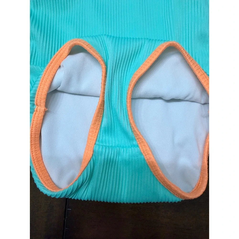 Cat & Jack Girls 2T Aqua Blue Orange Ribbed One Piece Swimsuit w/ Shoulder Bows